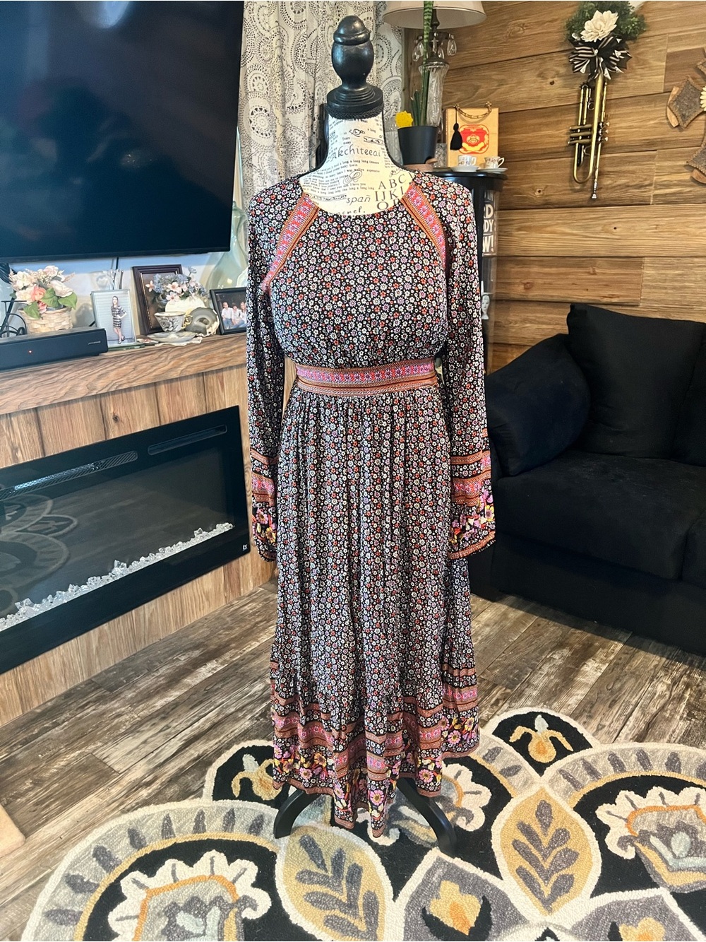 Floral Maxi Dress with Pink Trim and Long Sleeves